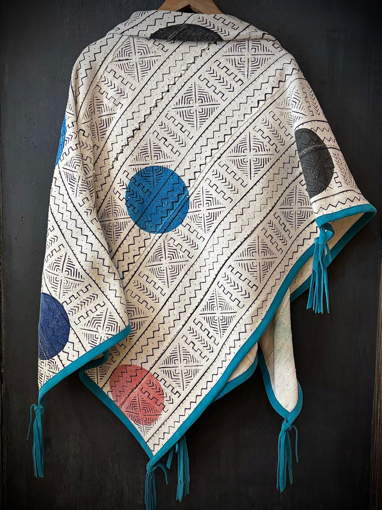 RTH OOAK THROW - #3 - AFRICAN NEUTRALS W/COLOR DOTS AND SUEDE TRIM & TASSELS - TURQUOISE