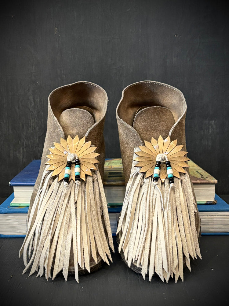 RTH (ooak) SHOE KILTIES- BONE LEATHER W/ STAR TASSEL & VTG BEADS
