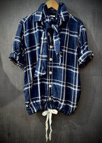 RTH DRAWSTRING PLAIN FRONT WALKING SHIRT - RAYON WEAVE COTTON - OPEN PLAID - NAVY