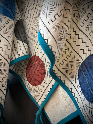 RTH OOAK THROW - #3 - AFRICAN NEUTRALS W/COLOR DOTS AND SUEDE TRIM & TASSELS - TURQUOISE