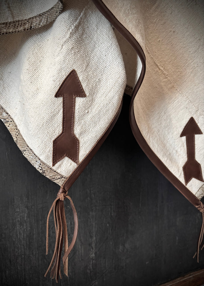 RTH OOAK THROW - #12 - NATURAL - WATER SNAKE & DK BROWN LEATHER ARROWS, TRIM AND TASSELS