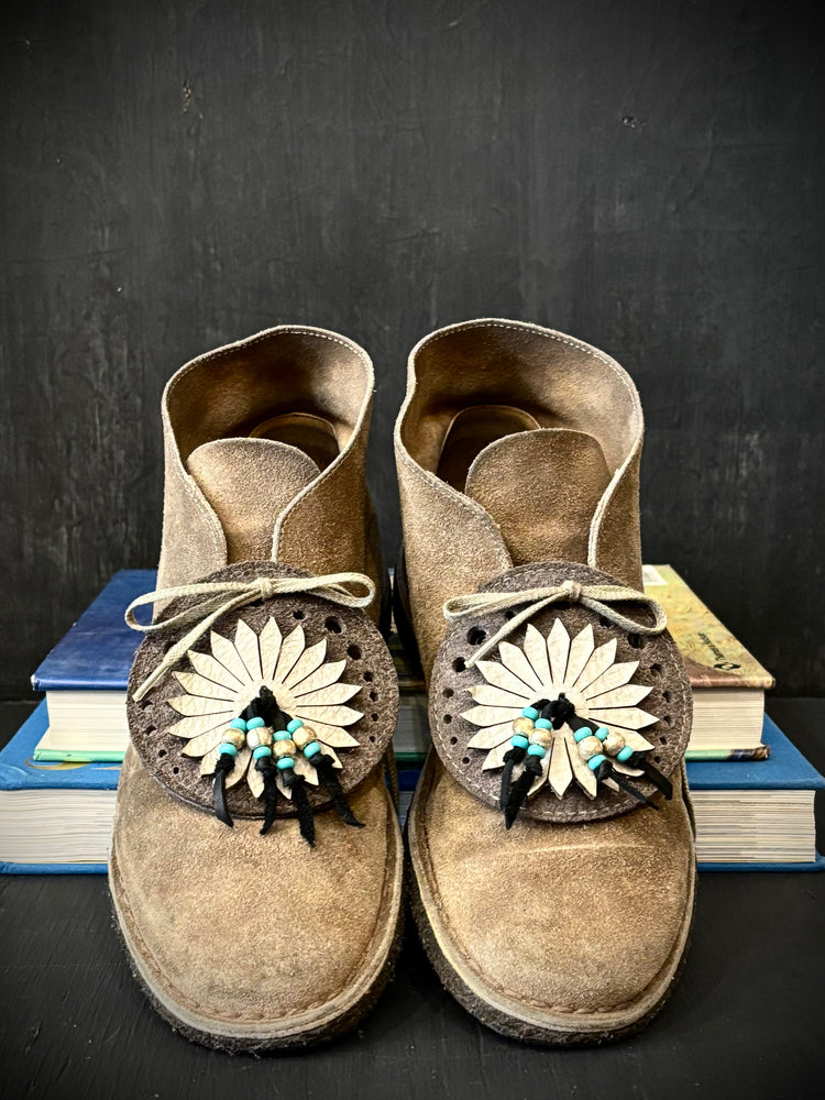 RTH (ooak) SHOE KILTIES- ROUND SHEILD- SAND SUEDE W/ STAR TASSEL & TURQUOISE AND SILVER BEADS