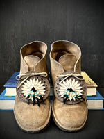 RTH (ooak) SHOE KILTIES- ROUND SHEILD- SAND SUEDE W/ STAR TASSEL & TURQUOISE AND SILVER BEADS