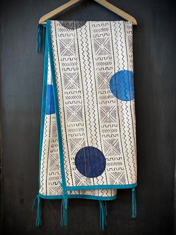 RTH OOAK THROW - #3 - AFRICAN NEUTRALS W/COLOR DOTS AND SUEDE TRIM & TASSELS - TURQUOISE