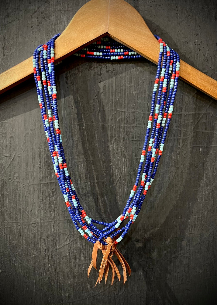 RTH LOVE KNOT NECKLACE - COBALT/LT BLUE/RED GLASS PEBBLES WITH COGNAC KNOT