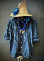 RTH DRAWSTRING PLAIN FRONT WALKING SHIRT - COTTON LAWN - NAVY STRIPE
