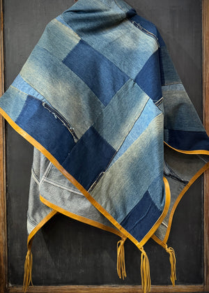 RTH OOAK THROW - PATCHWORK DENIM W/ WAXED LEATHER TRIM & TASSELS- NATURAL