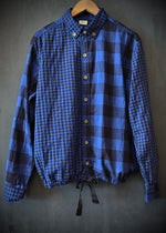 RTH DRAWSTRING PLAIN FRONT WALKING SHIRT - COLORBLOCKED - BLUE/BLACK CHECKERED DOUBLE FACE GAUZE