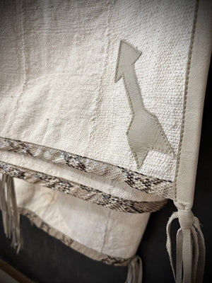 RTH OOAK THROW- #4 NATURAL WATER SNAKE & LEATHER ARROWS, TRIM AND TASSELS in PUTTY COLOR