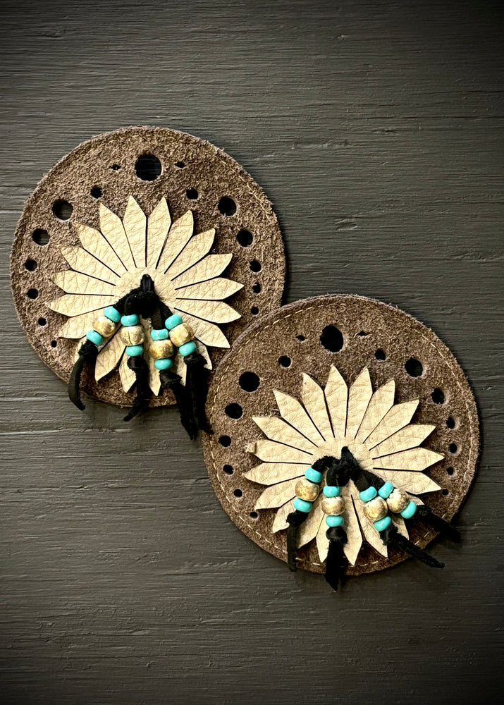 RTH (ooak) SHOE KILTIES- ROUND SHEILD- SAND SUEDE W/ STAR TASSEL & TURQUOISE AND SILVER BEADS