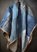 RTH OOAK THROW - PATCHWORK DENIM W/ WAXED LEATHER TRIM & TASSELS- BROWN