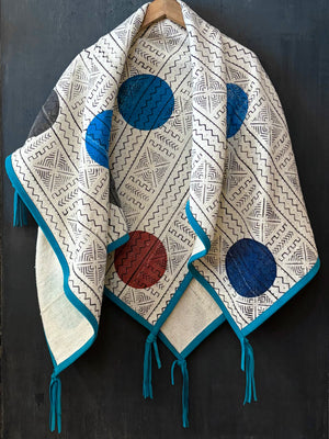RTH OOAK THROW - #3 - AFRICAN NEUTRALS W/COLOR DOTS AND SUEDE TRIM & TASSELS - TURQUOISE