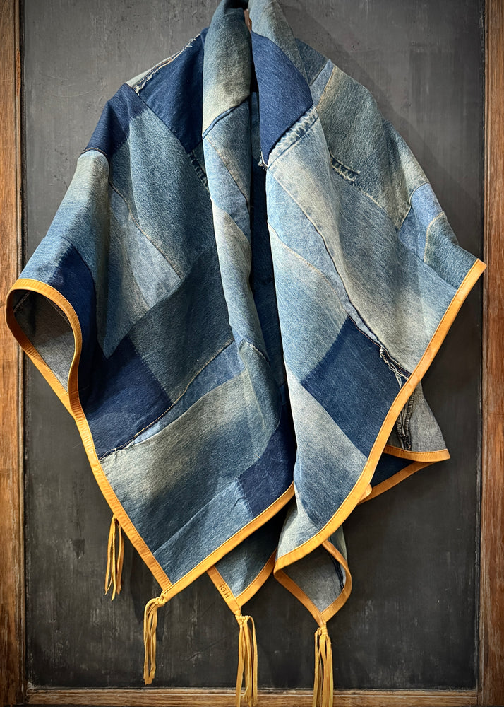 RTH OOAK THROW - PATCHWORK DENIM W/ WAXED LEATHER TRIM & TASSELS- NATURAL