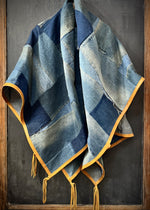 RTH OOAK THROW - PATCHWORK DENIM W/ WAXED LEATHER TRIM & TASSELS- NATURAL