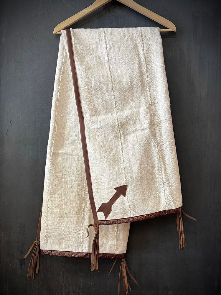 RTH OOAK THROW- #5 RUST WATER SNAKE & LEATHER ARROW TRIM AND TASSELS in DK WAXY BROWN