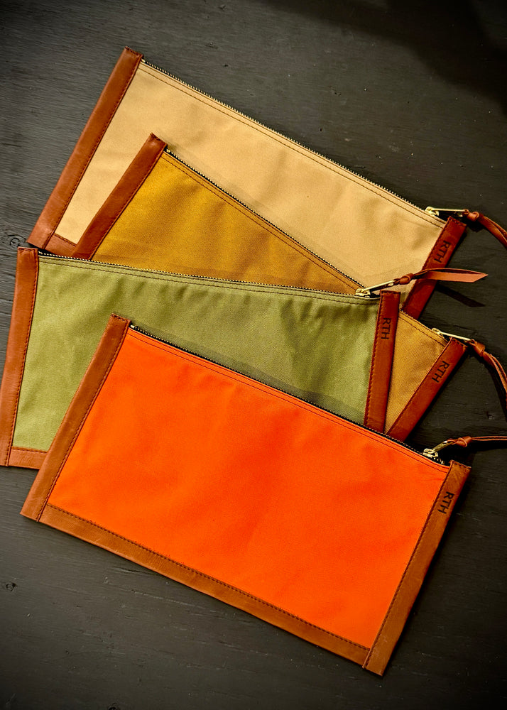 RTH LTD LARGE ZIPPER POUCH-NYLON W/COGNAC LEATHER TRIM-SAFETY ORANGE/ACORN/KHAKI/OLIVE