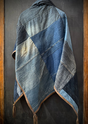 RTH OOAK THROW - PATCHWORK DENIM W/ WAXED LEATHER TRIM & TASSELS- BROWN