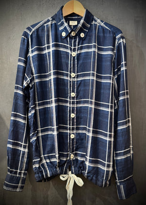 RTH DRAWSTRING PLAIN FRONT WALKING SHIRT - RAYON WEAVE COTTON - OPEN PLAID - NAVY