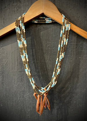 RTH LOVE KNOT NECKLACE - GOLD/BONE/LIGHT BLUE GLASS PEBBLES WITH COGNAC KNOT