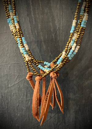 RTH LOVE KNOT NECKLACE - GOLD/BONE/LIGHT BLUE GLASS PEBBLES WITH COGNAC KNOT