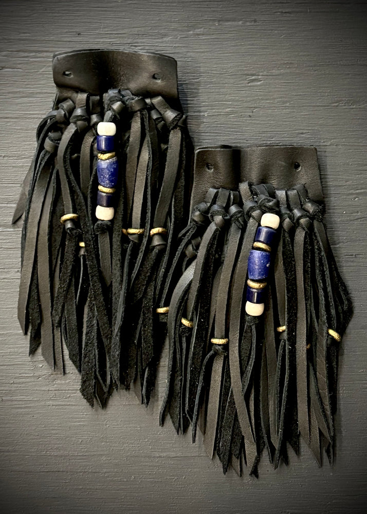 RTH (ooak) SHOE KILTIES- BLACK LEATHER W/ VTG BRASS AND GLASS BEADS