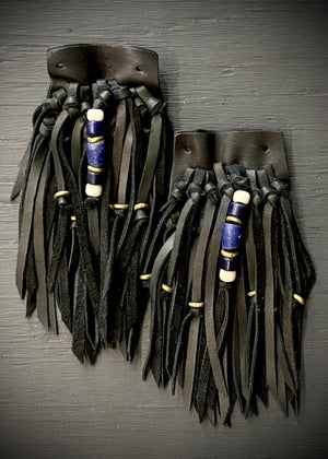 RTH (ooak) SHOE KILTIES- BLACK LEATHER W/ VTG BRASS AND GLASS BEADS