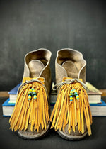 RTH (ooak) SHOE KILTIES- NATURAL SPLIT SUEDE W/ YELLOW & TURQ VTG GLASS BEADS