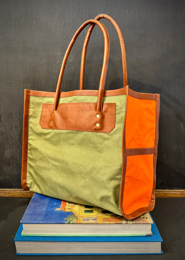 RTH LTD SQUARE TOTE #4-NYLON W/COGNAC LEATHER TRIM -OLIVE/SAFETY ORANGE/ACORN/KHAKI/