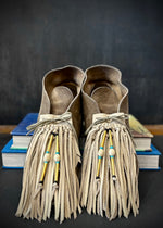 RTH (ooak) SHOE KILTIES- LONG BONE LEATHER W/ VTG BONE, BRASS AND GLASS BEADS