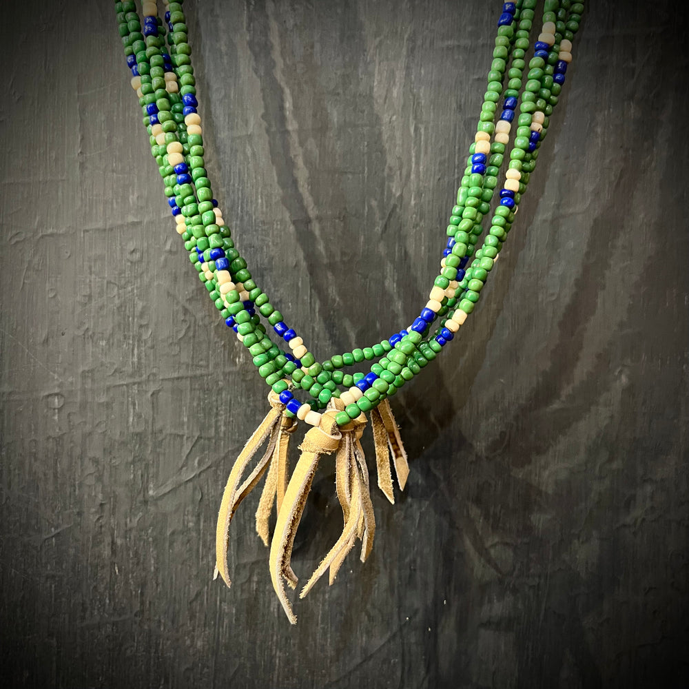 RTH LOVE KNOT NECKLACE - GREEN/BONE/COBALT GLASS PEBBLES WITH SAND KNOT