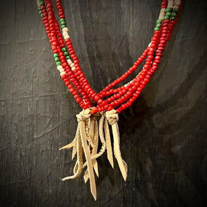 RTH LOVE KNOT NECKLACE - RED/BONE/GREEN GLASS PEBBLES WITH SAND KNOT