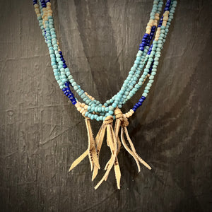 RTH LOVE KNOT NECKLACE - LT BLUE/COBALT/BONE GLASS PEBBLES WITH SAND KNOT
