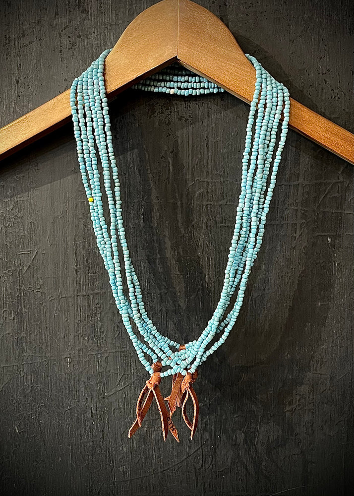 RTH LOVE KNOT NECKLACE - ALL LT BLUE GLASS PEBBLES WITH COGNAC KNOT