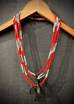 RTH LOVE KNOT NECKLACE - RED/LT BLUE/BONE GLASS PEBBLES WITH BLACK KNOT