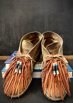 RTH (ooak) SHOE KILTIES-COGNAC LEATHER W/ BLUE/WHT VTG BEADS