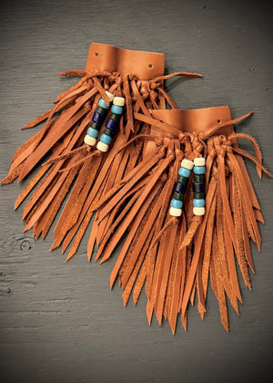 RTH (ooak) SHOE KILTIES-COGNAC LEATHER W/ BLUE/WHT VTG BEADS