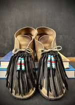 RTH (ooak) SHOE KILTIES- BLACK LEATHER W/ BLUE/WHT/RED VTG BEADS