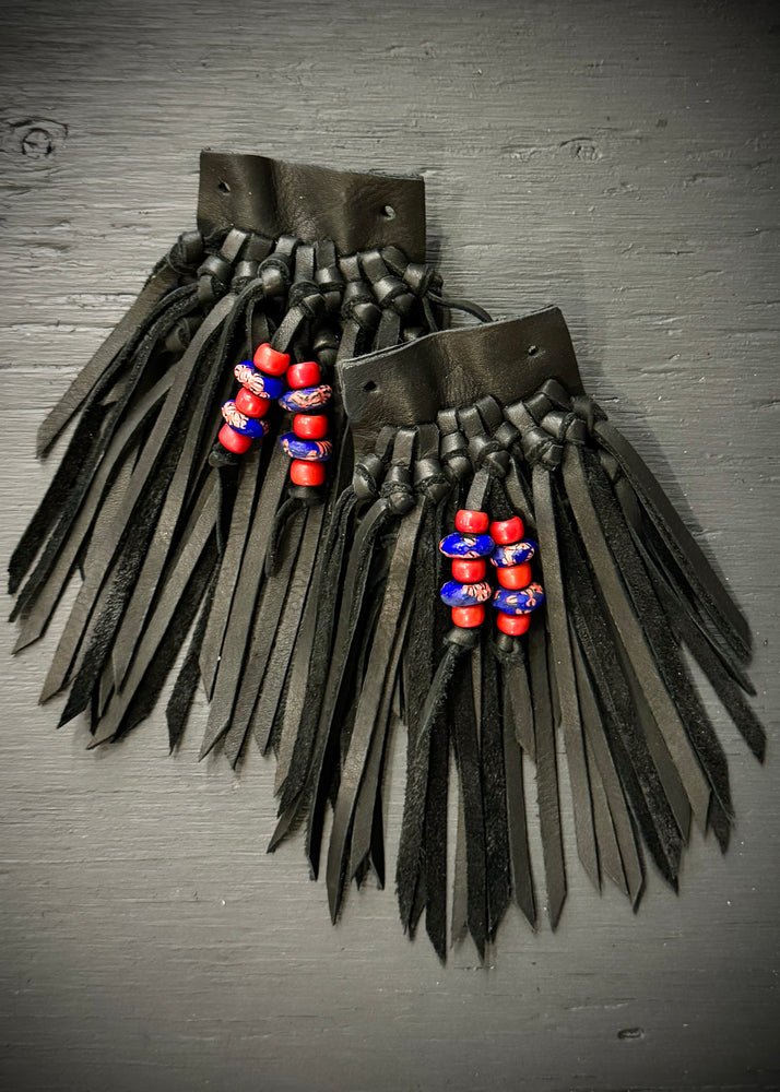 RTH (ooak) SHOE KILTIES-BLACK LEATHER W/ RED/BLUE BEADS