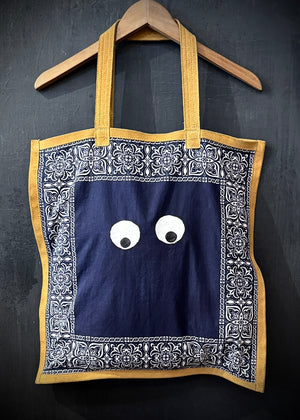 RTH SIMPLE TOTE "HERE'S LOOKING AT YOU"- BANDANA NAVY w/ EYES - Natural Split Suede Trim
