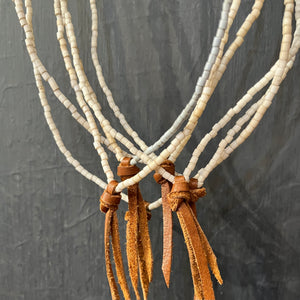 RTH LOVE KNOT NECKLACE - MIXED WHITE STRAIGHT CUT VTG BEAD WITH COGNAC KNOT