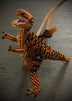 Found Hand Beaded Creature- Dinosaur-green and brown