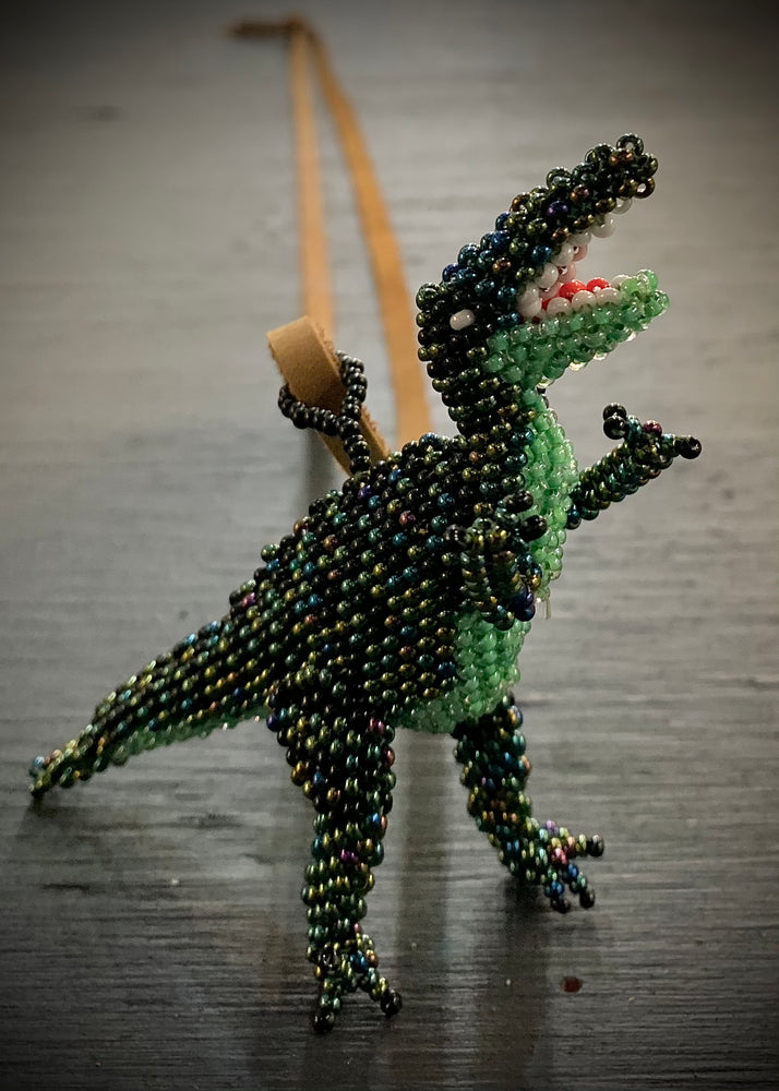 Found Hand Beaded Creature- Dinosaur-green and brown